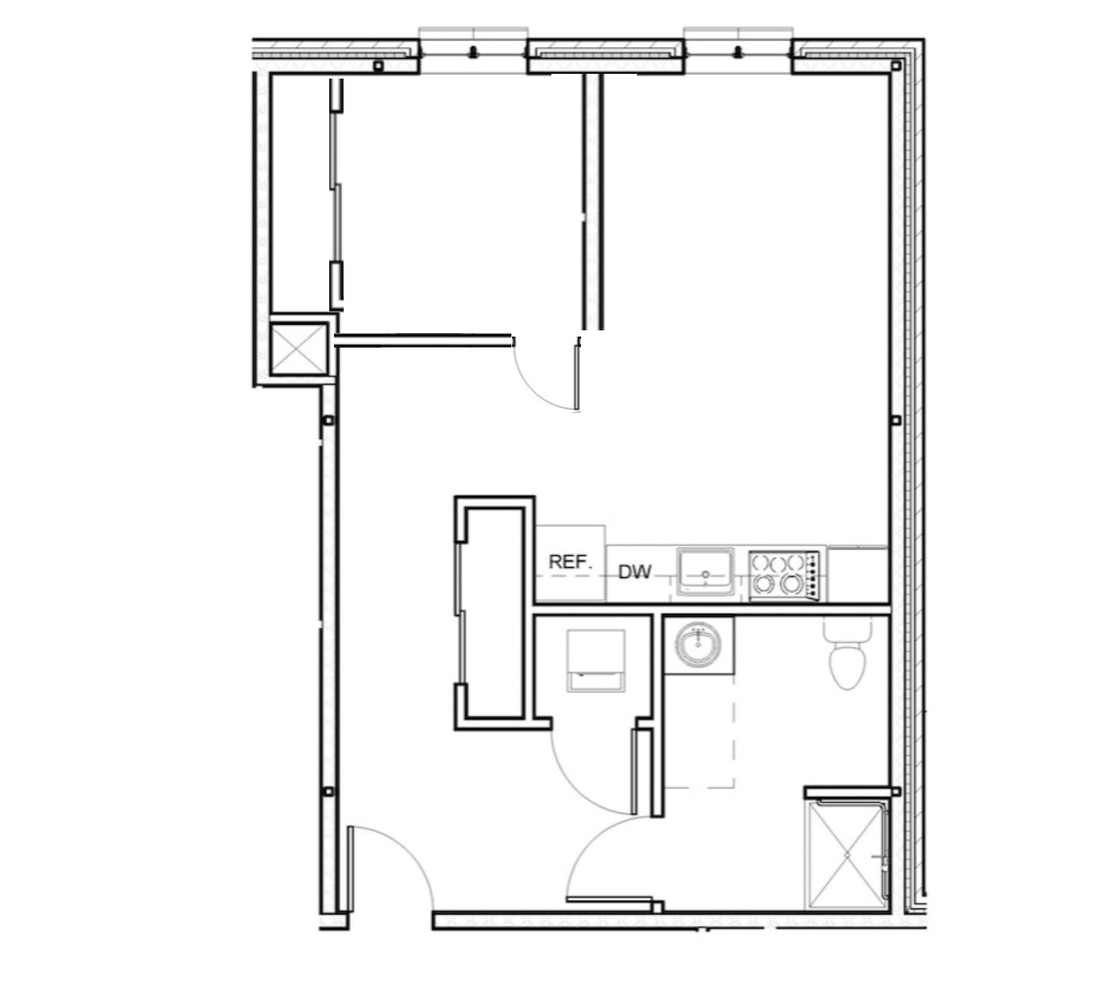 a floor plan of a small house with a kitchen and a living room